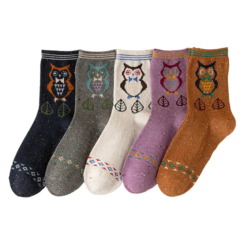 5 Pairs Women Wool Socks Animal Cat Owl Pattern Winter Crew Socks Soft Thick Warm Casual Wool Socks Mid Calf