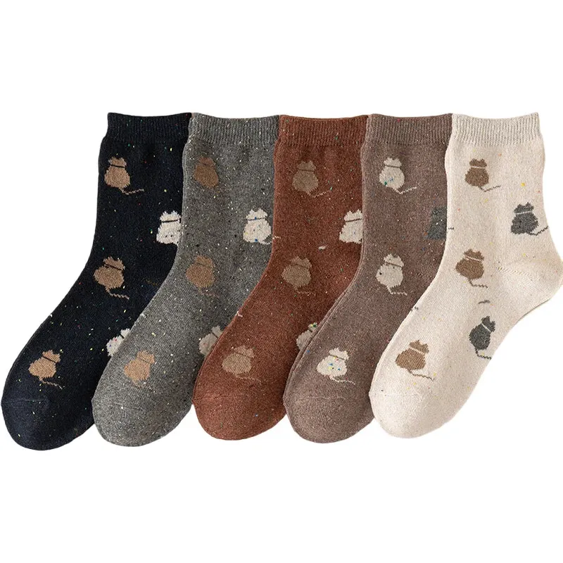 5 Pairs Women Wool Socks Animal Cat Owl Pattern Winter Crew Socks Soft Thick Warm Casual Wool Socks Mid Calf