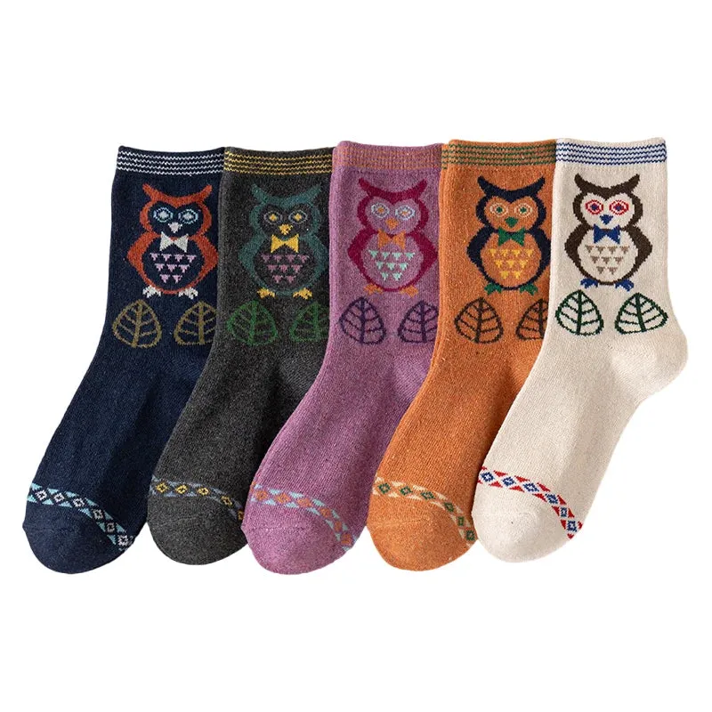 5 Pairs Women Wool Socks Animal Cat Owl Pattern Winter Crew Socks Soft Thick Warm Casual Wool Socks Mid Calf