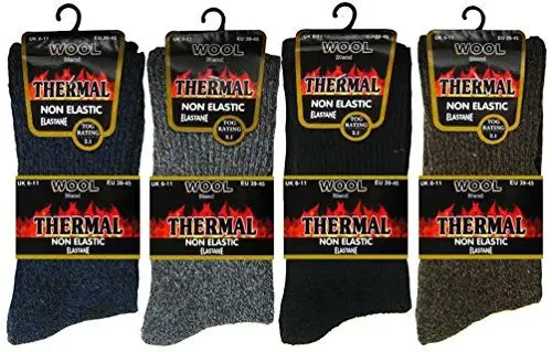 6 pairs Mens Lambs Wool Blend Thermal Non-elastic socks. Cushion foot, smooth toe seam.(077-NE-Wool-Asst)