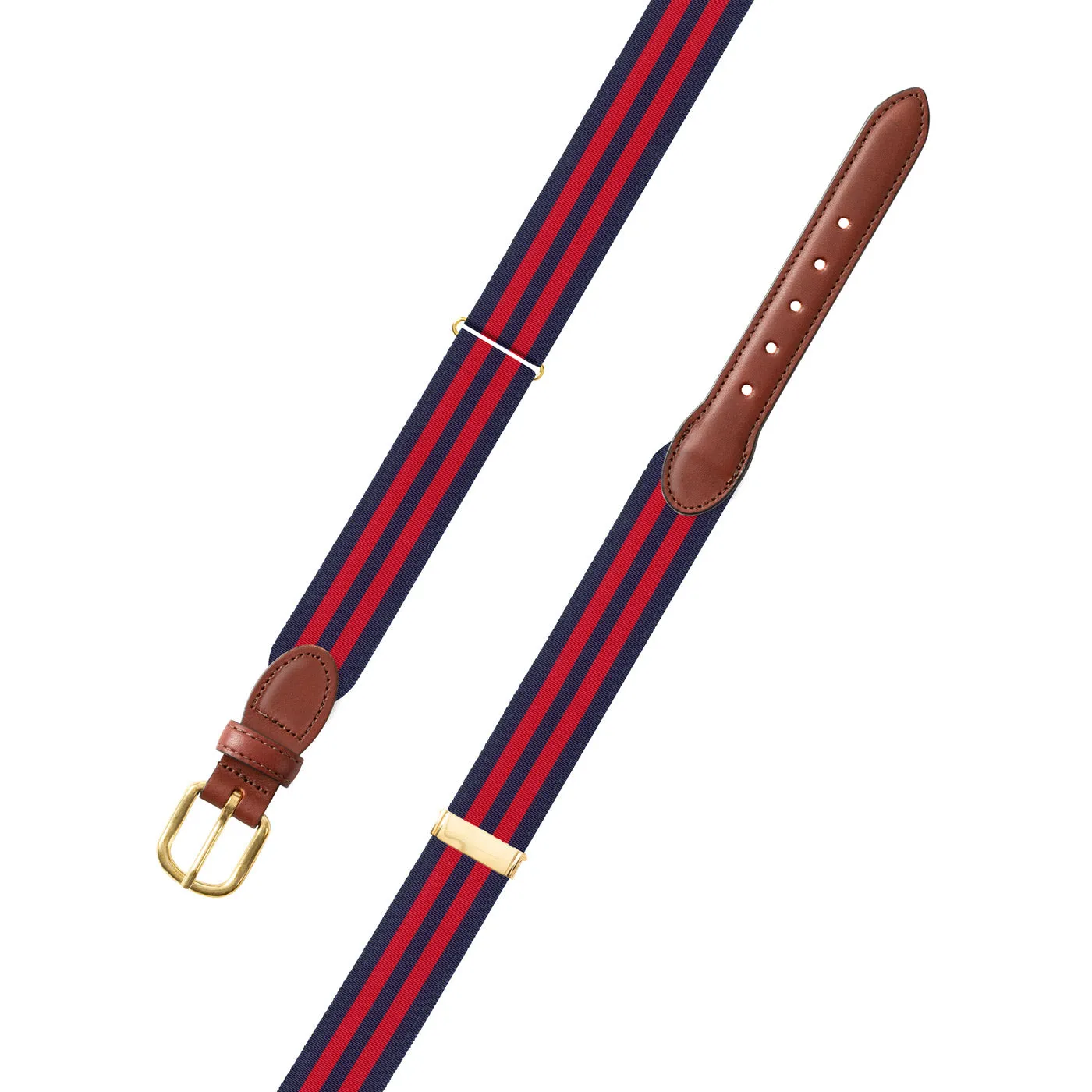 Adjustable Navy & Red Grosgrain Belt with Brown Leather Tabs