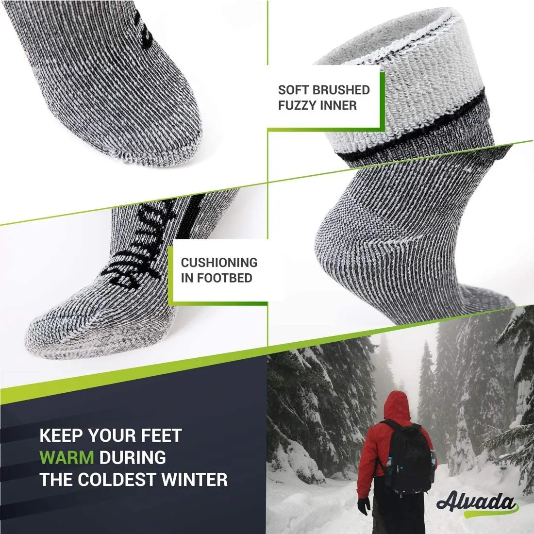 Alvada Merino Wool Hiking Socks Thermal Warm Crew Winter Boot Sock For Men & Women 3 Pairs