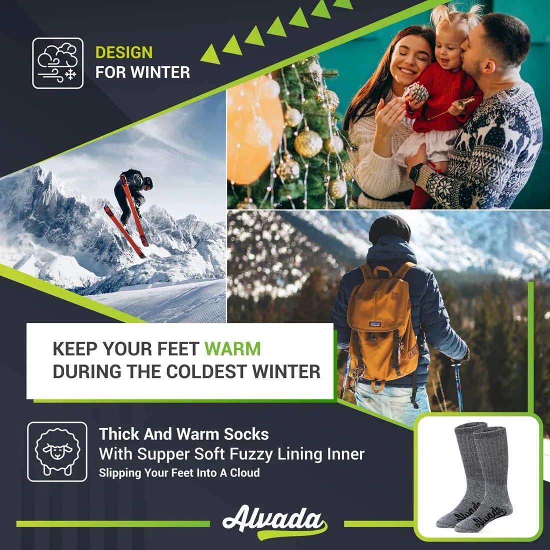 Alvada Merino Wool Hiking Socks Thermal Warm Crew Winter Boot Sock For Men & Women 3 Pairs