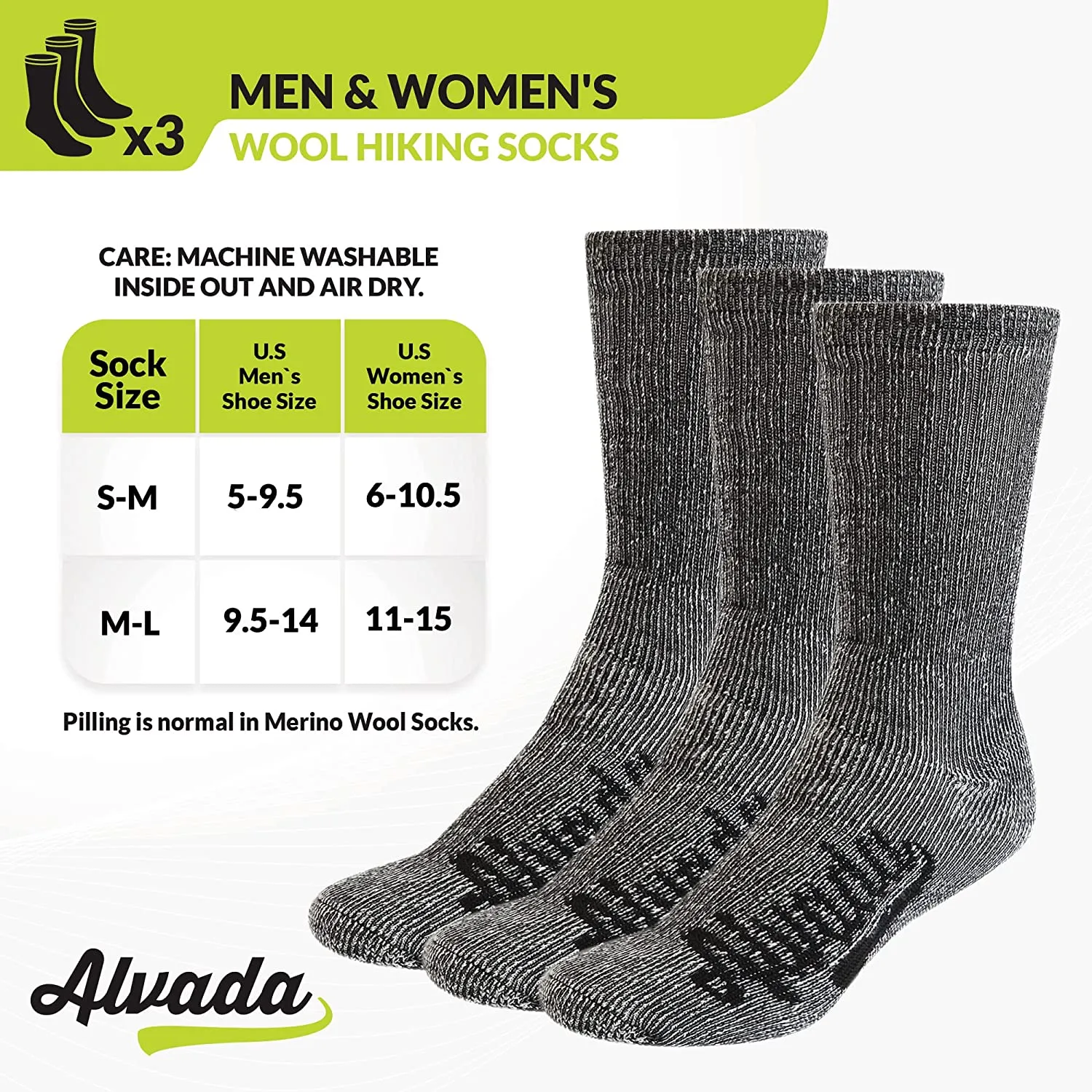 Alvada Merino Wool Hiking Socks Thermal Warm Crew Winter Boot Sock For Men & Women 3 Pairs