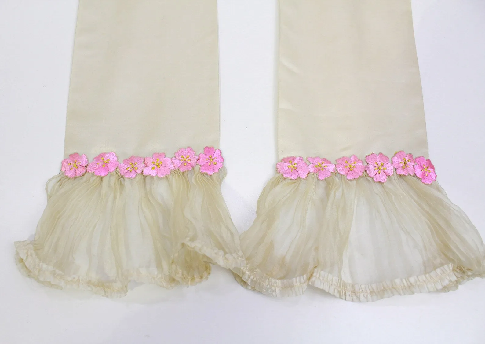 Antique Victorian 1890s/ 1900s Silk Cherry Blossom Sash Scarf/ Belt with Ruffle Ends