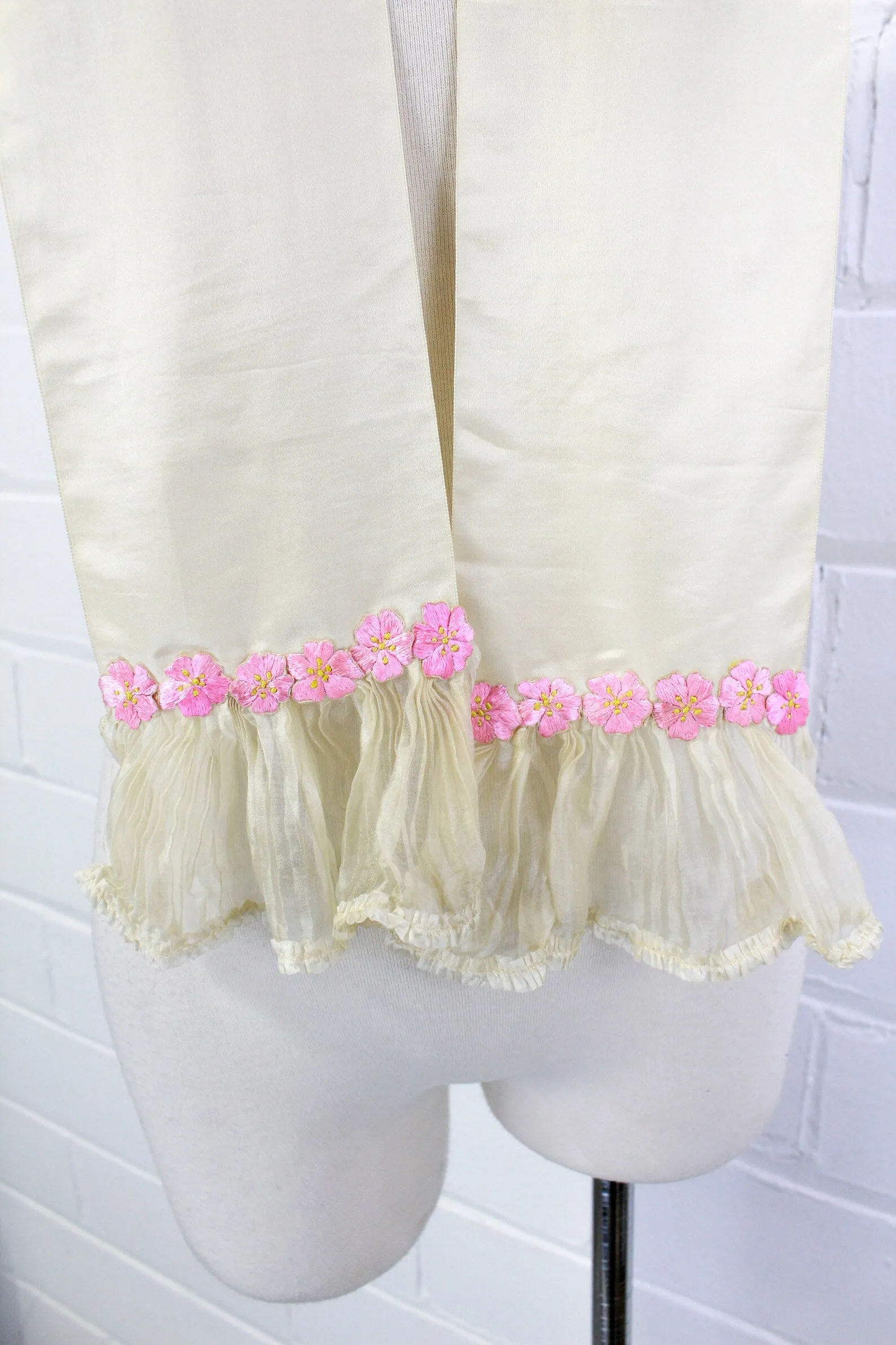 Antique Victorian 1890s/ 1900s Silk Cherry Blossom Sash Scarf/ Belt with Ruffle Ends