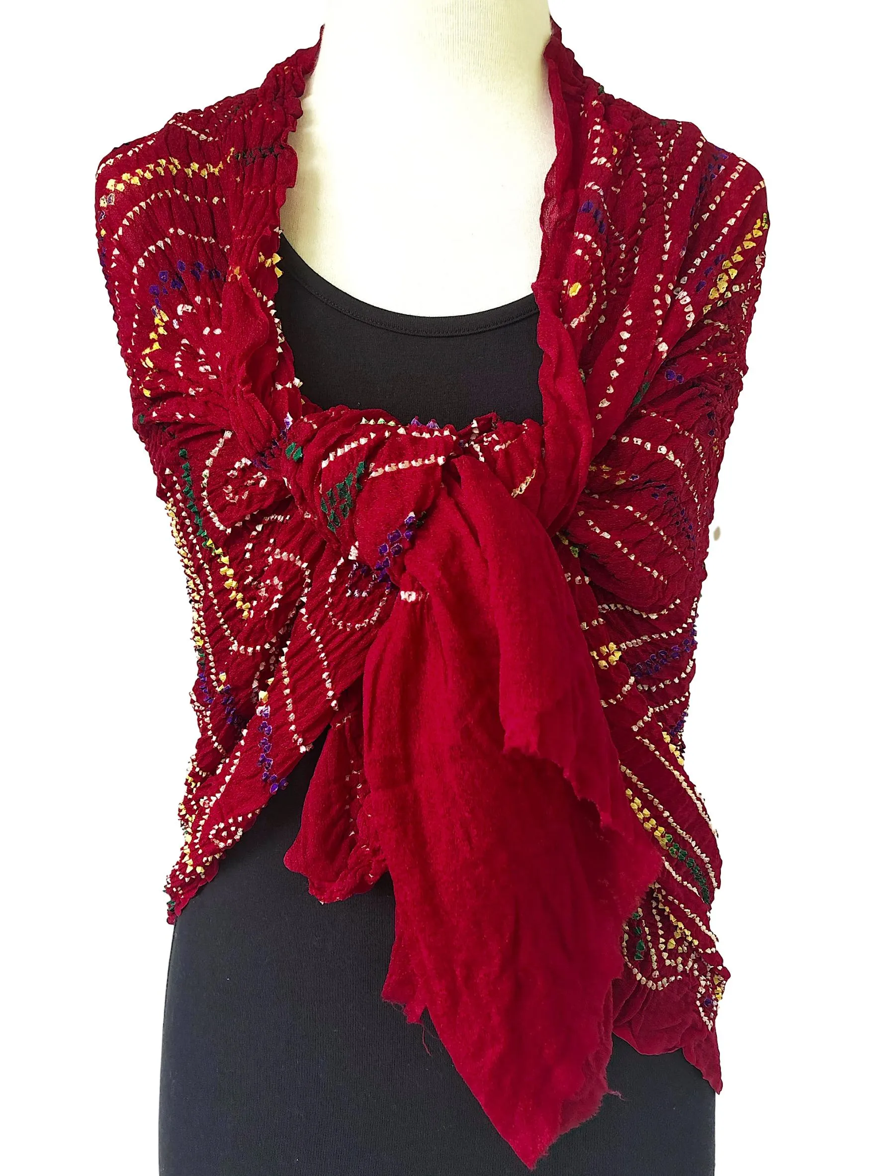 Authentic Red Silk Crepe Bandhani Scarf