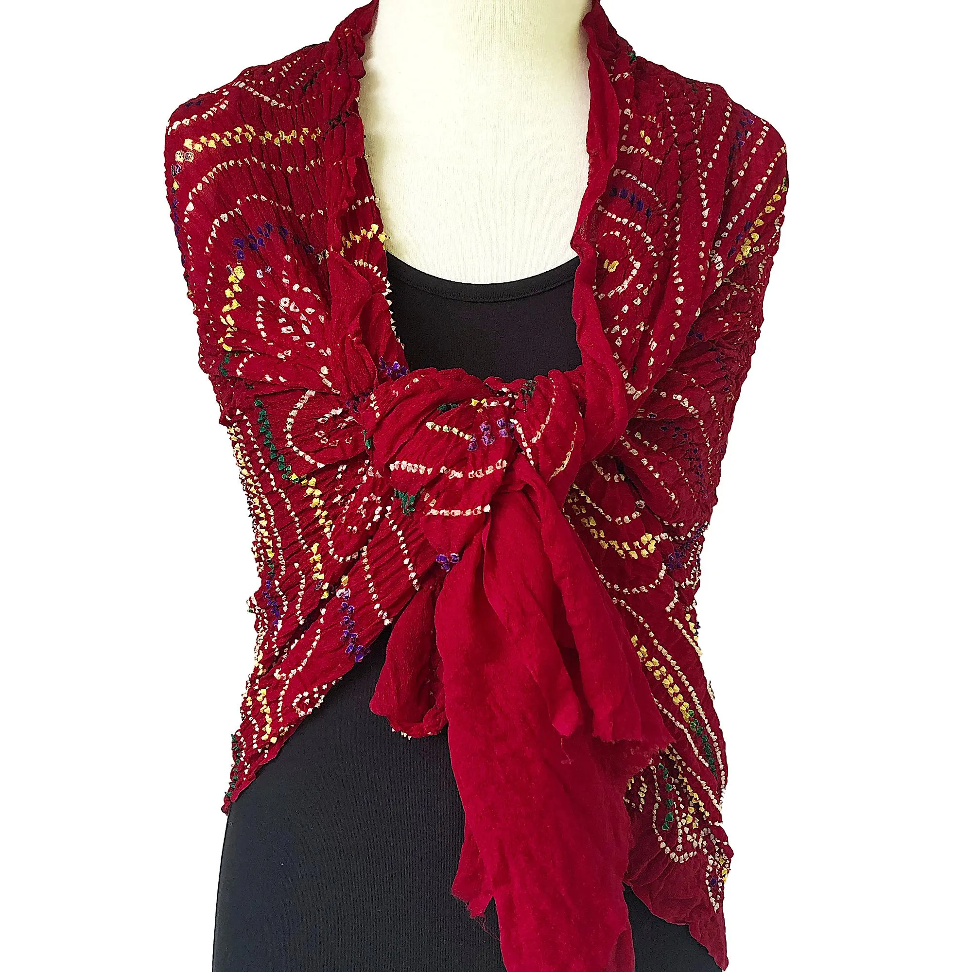 Authentic Red Silk Crepe Bandhani Scarf