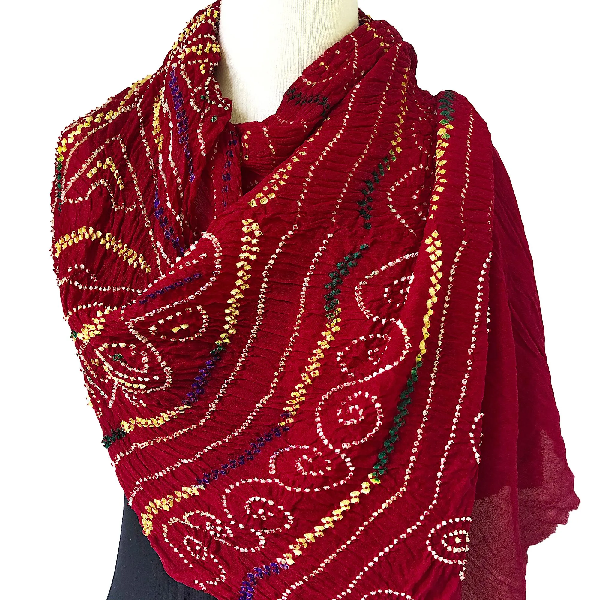 Authentic Red Silk Crepe Bandhani Scarf