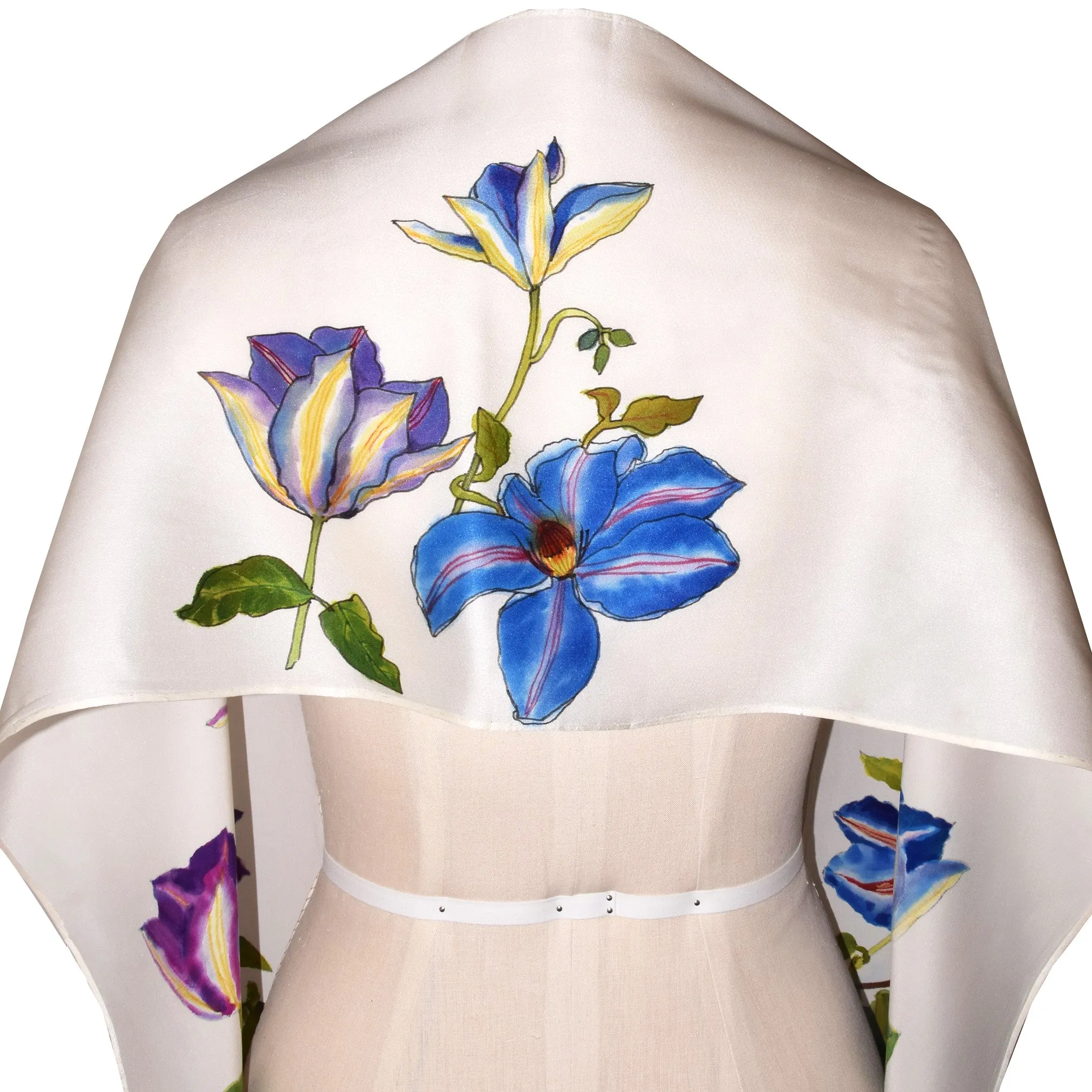 Beautifully Handpainted Clematis Floral Silk Scarf/Wrap