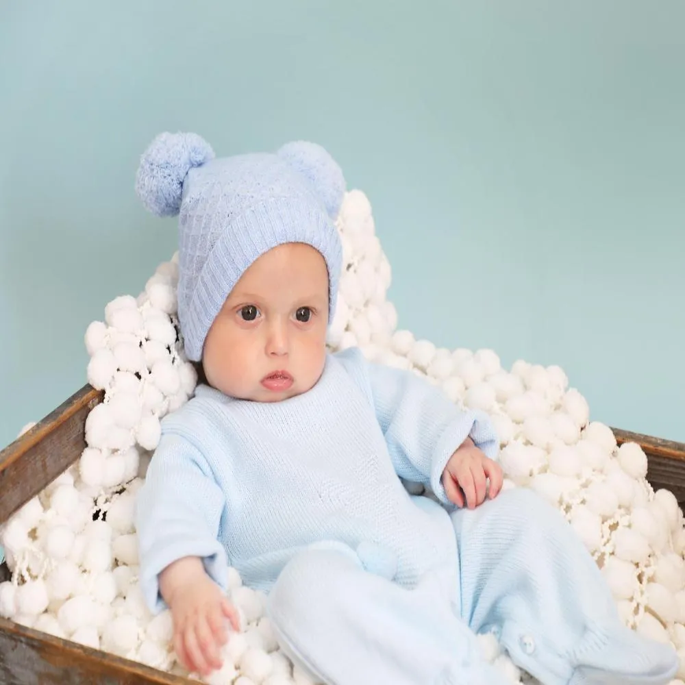 Blue Pom Pom Hat & Matching Bootees