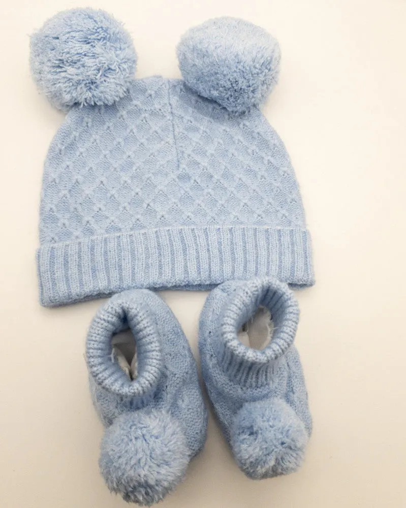 Blue Pom Pom Hat & Matching Bootees