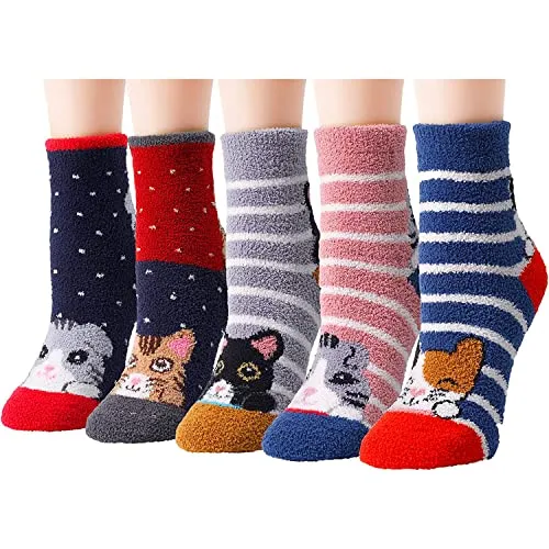 Cat Lover Gifts for Women Fuzzy Cat Gifts for Girl Lady Female Crazy Cat Socks 5 Pairs