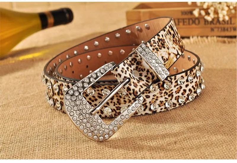 Cheetah/Leopard Print Belt Studded Rhinestone Designer Belt For Women