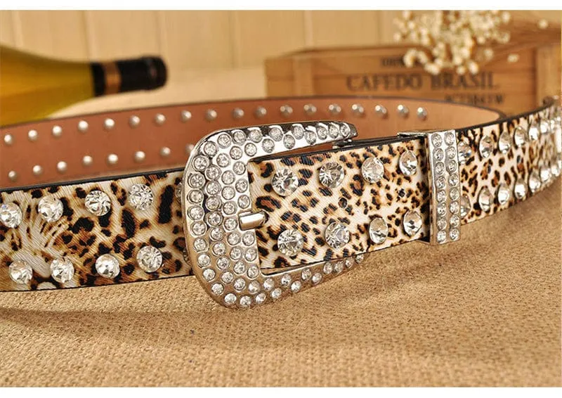 Cheetah/Leopard Print Belt Studded Rhinestone Designer Belt For Women