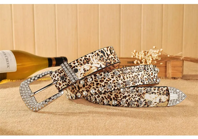 Cheetah/Leopard Print Belt Studded Rhinestone Designer Belt For Women