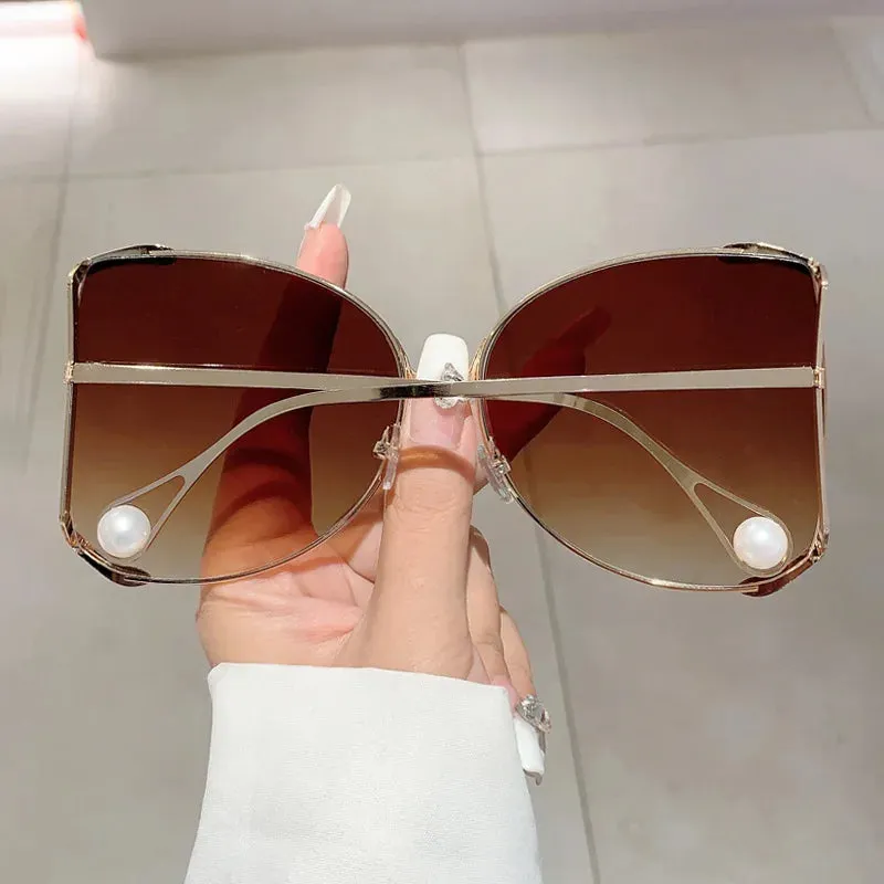 Classy lady Oversized Metal Sunglasses Vintage Big Frame Pearl Shades