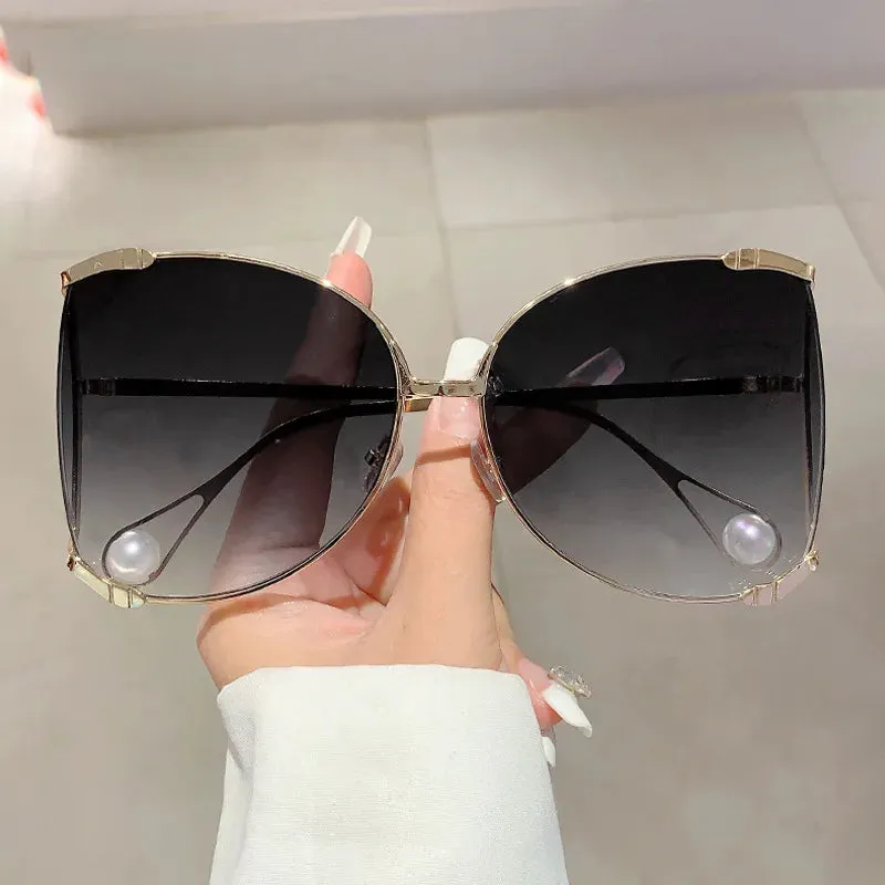 Classy lady Oversized Metal Sunglasses Vintage Big Frame Pearl Shades