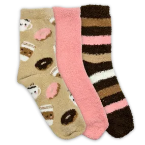 Coffee, Donuts, and Stripes 3-Pack Fuzzy Crew Socks