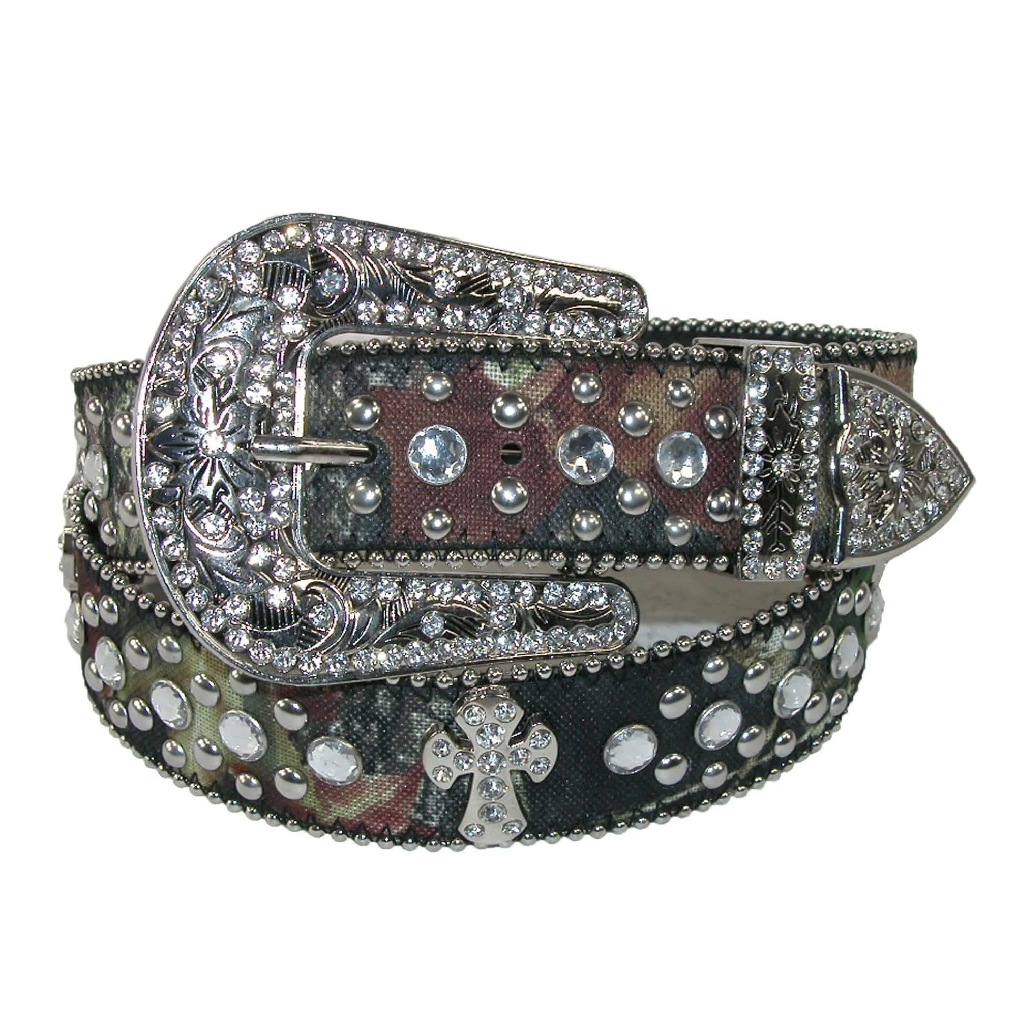 CTM® Women's Rhinestone Cross on Camo Belt