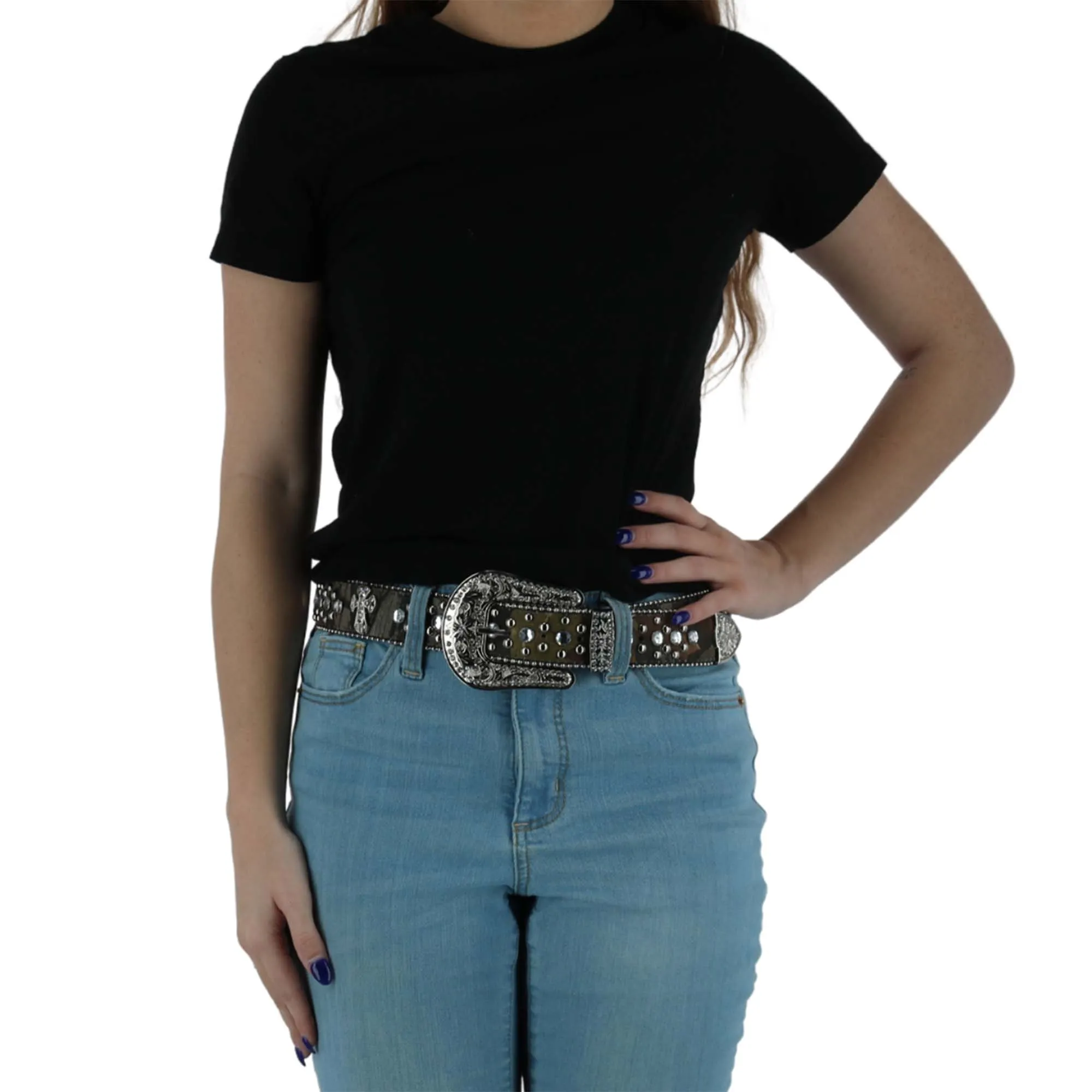 CTM® Women's Rhinestone Cross on Camo Belt