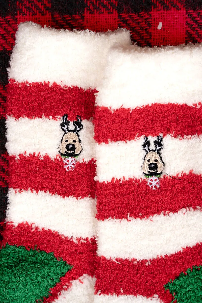 Dashing Through The Snow Reindeer Striped Fuzzy Socks