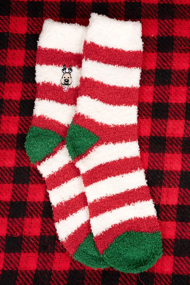 Dashing Through The Snow Reindeer Striped Fuzzy Socks