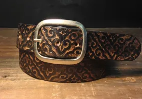 Embossed Leather Belt, Damask Pattern Belt in Vintage Aged Leather Snap Belt Handmade in USA Groomsmen Wedding Unisex Gift Tribal Pattern