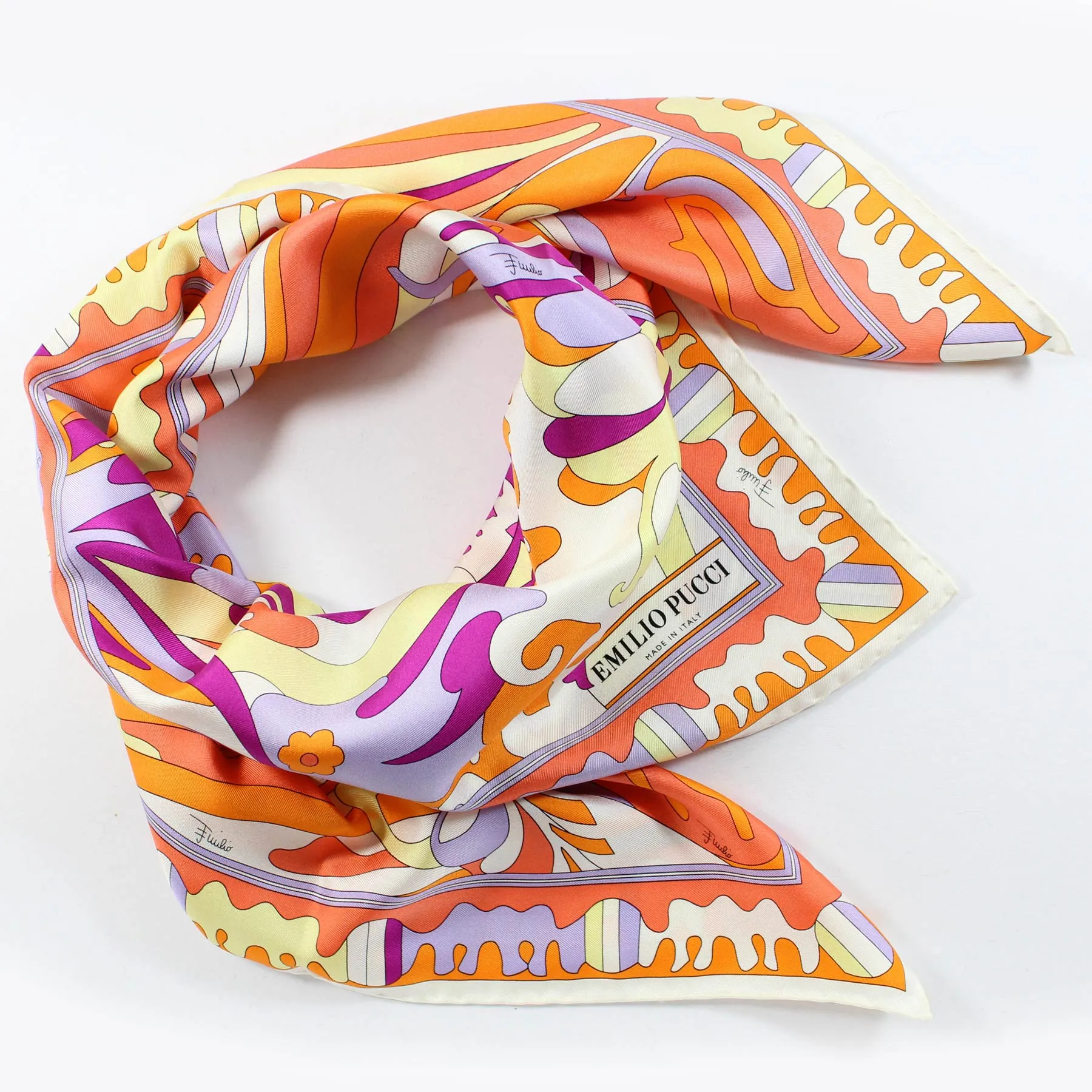 Emilio Pucci Scarf Orange Purple Yellow Design - Large 36 Inch Square Twill Silk Foulard