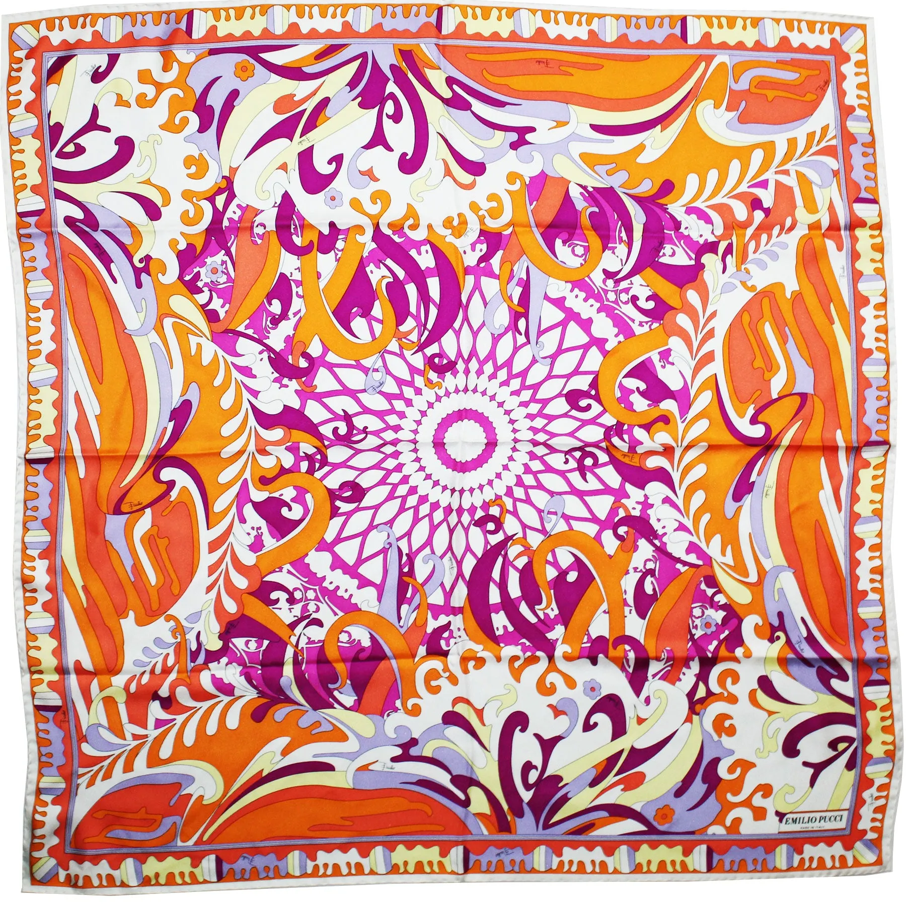 Emilio Pucci Scarf Orange Purple Yellow Design - Large 36 Inch Square Twill Silk Foulard