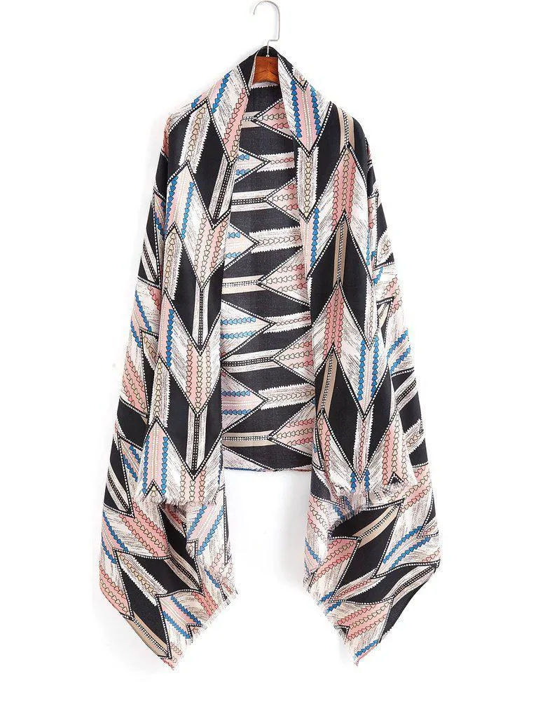 Frayed Trim Geometric Pattern Scarf