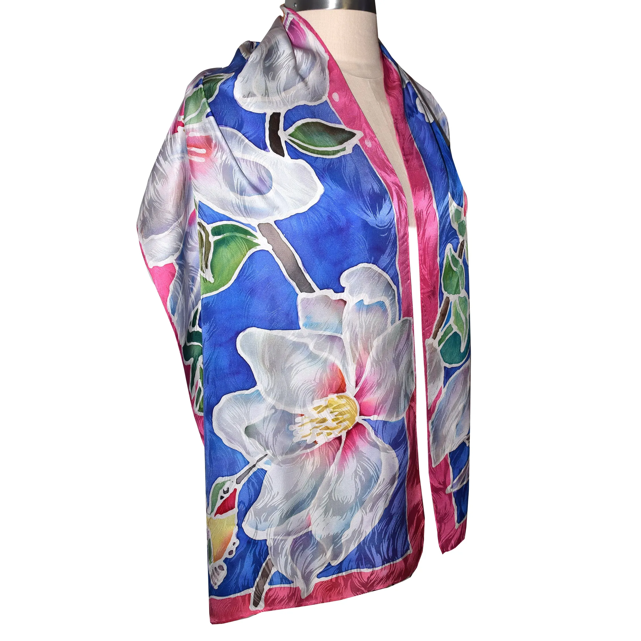 Gorgeous Handpainted Magnolia and Hummingbird Jacquard Silk Wrap