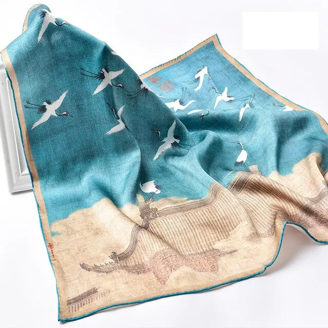 Hangzhou Silk Square Neckerchief Scarf 53*53cm 16mm Silk Kerchief Wraps Printed Crane Bandana 100% Real Silk Square Neck Scarves