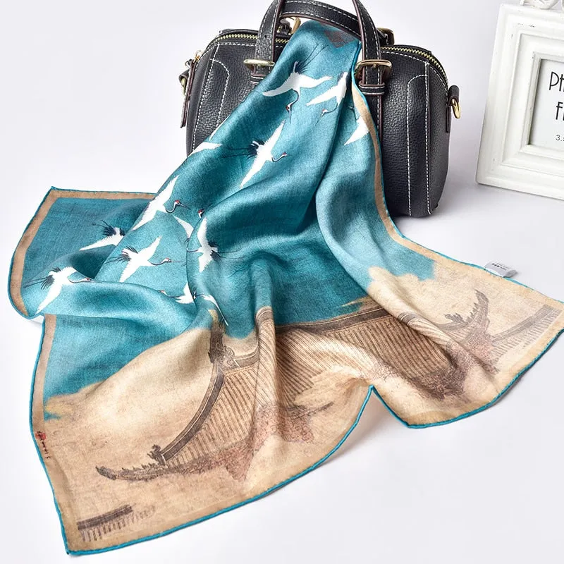 Hangzhou Silk Square Neckerchief Scarf 53*53cm 16mm Silk Kerchief Wraps Printed Crane Bandana 100% Real Silk Square Neck Scarves