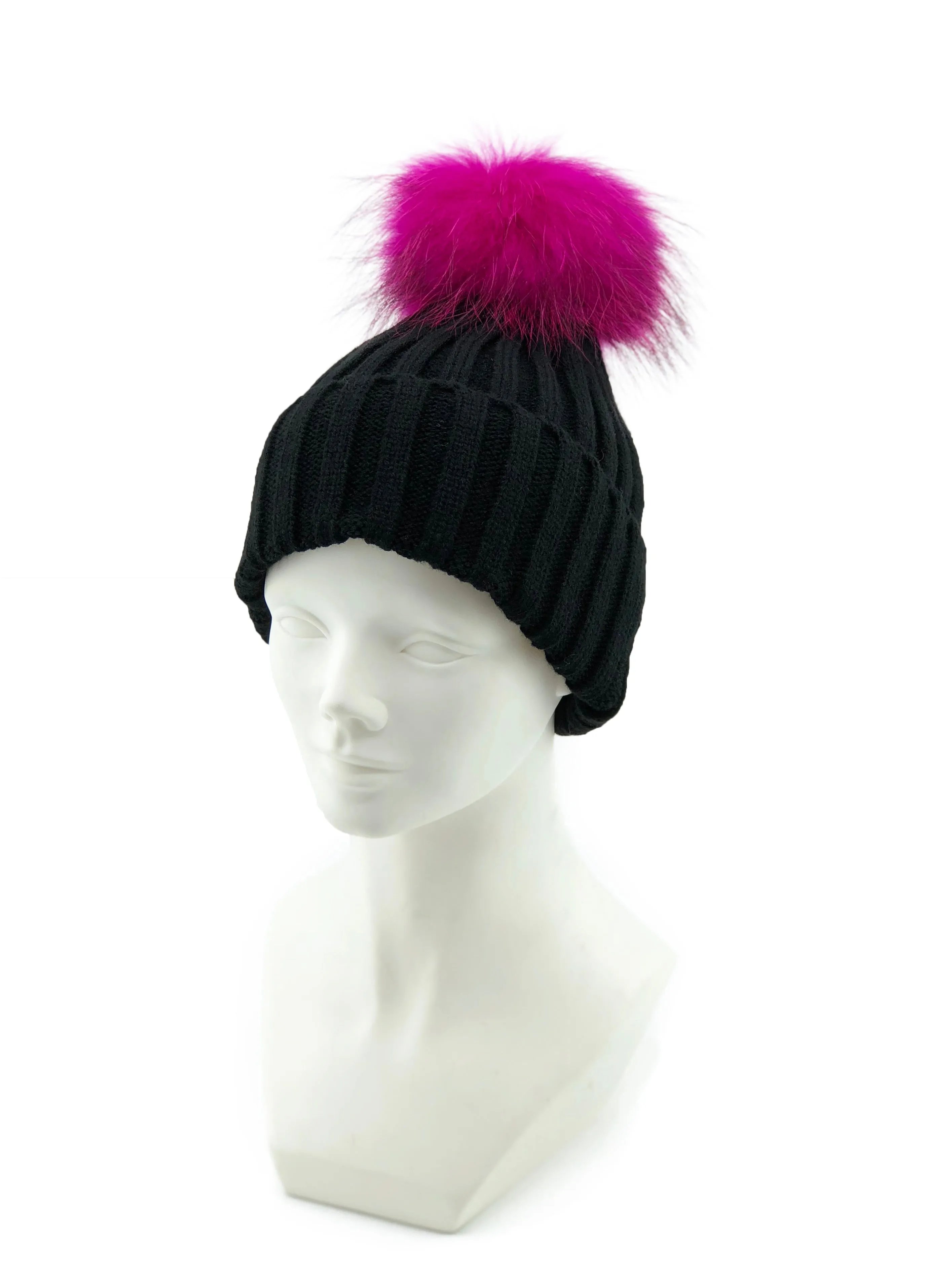 Knitted Beanie with Removable Dyed Fur Pom