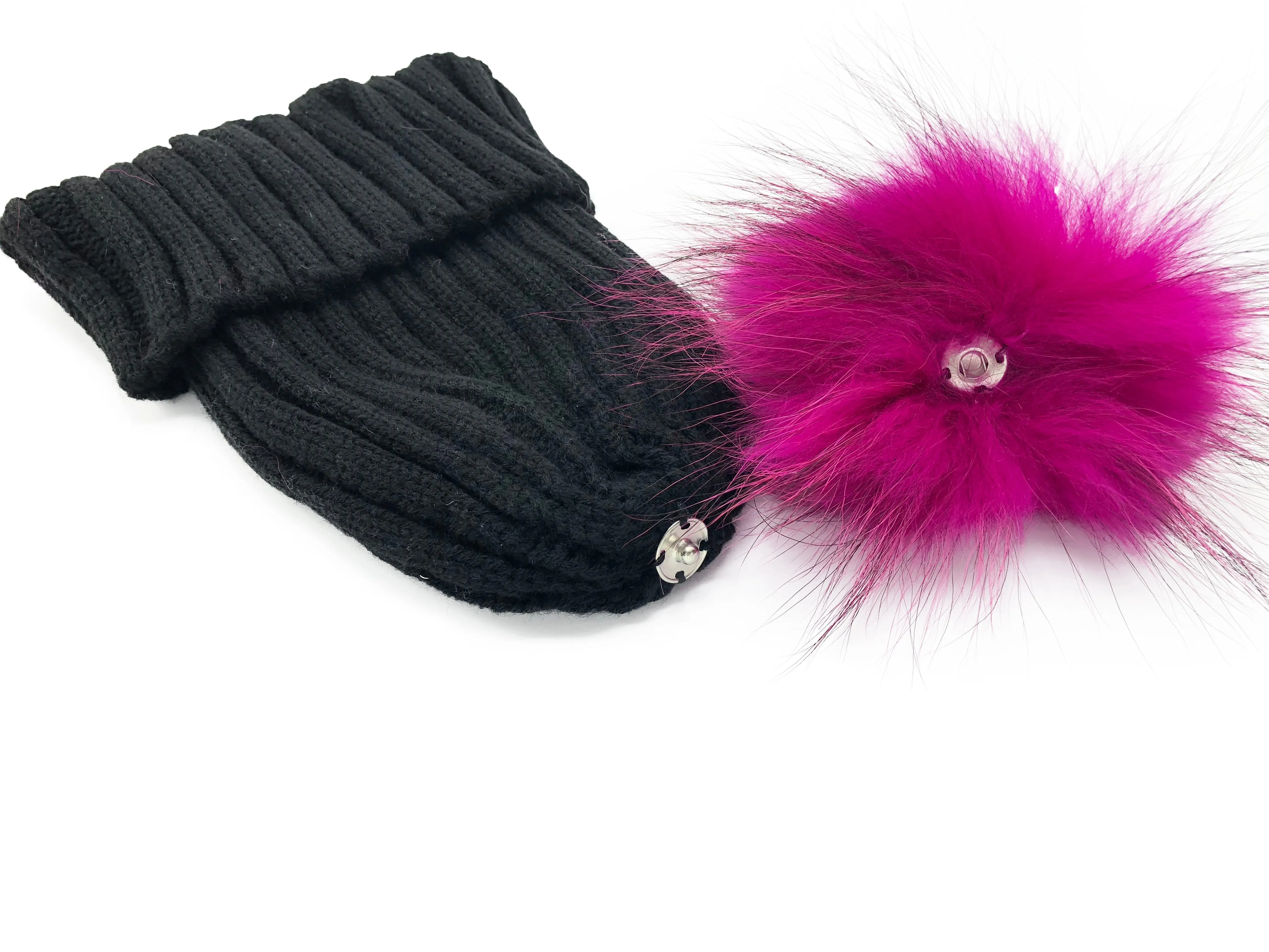 Knitted Beanie with Removable Dyed Fur Pom