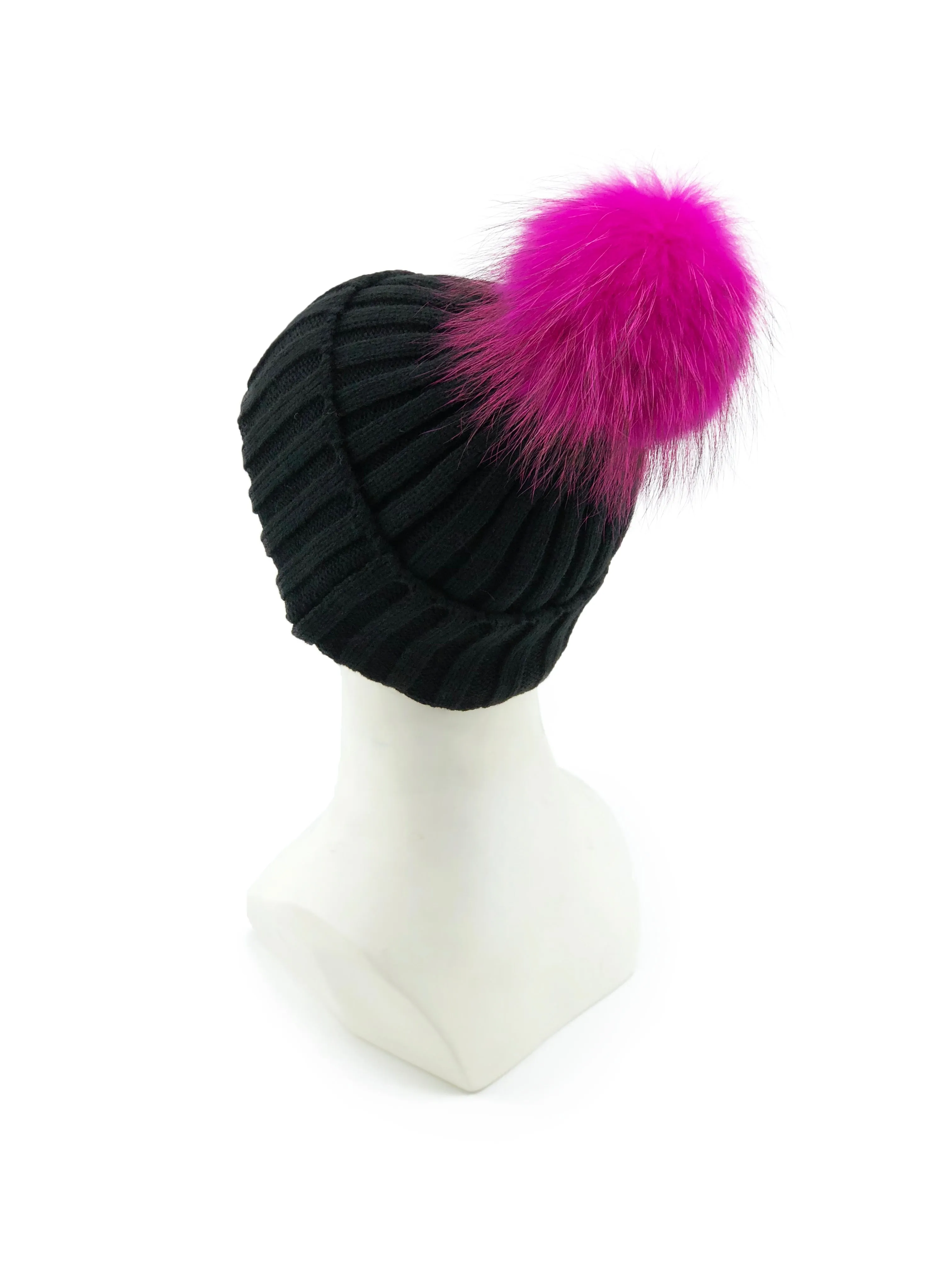 Knitted Beanie with Removable Dyed Fur Pom