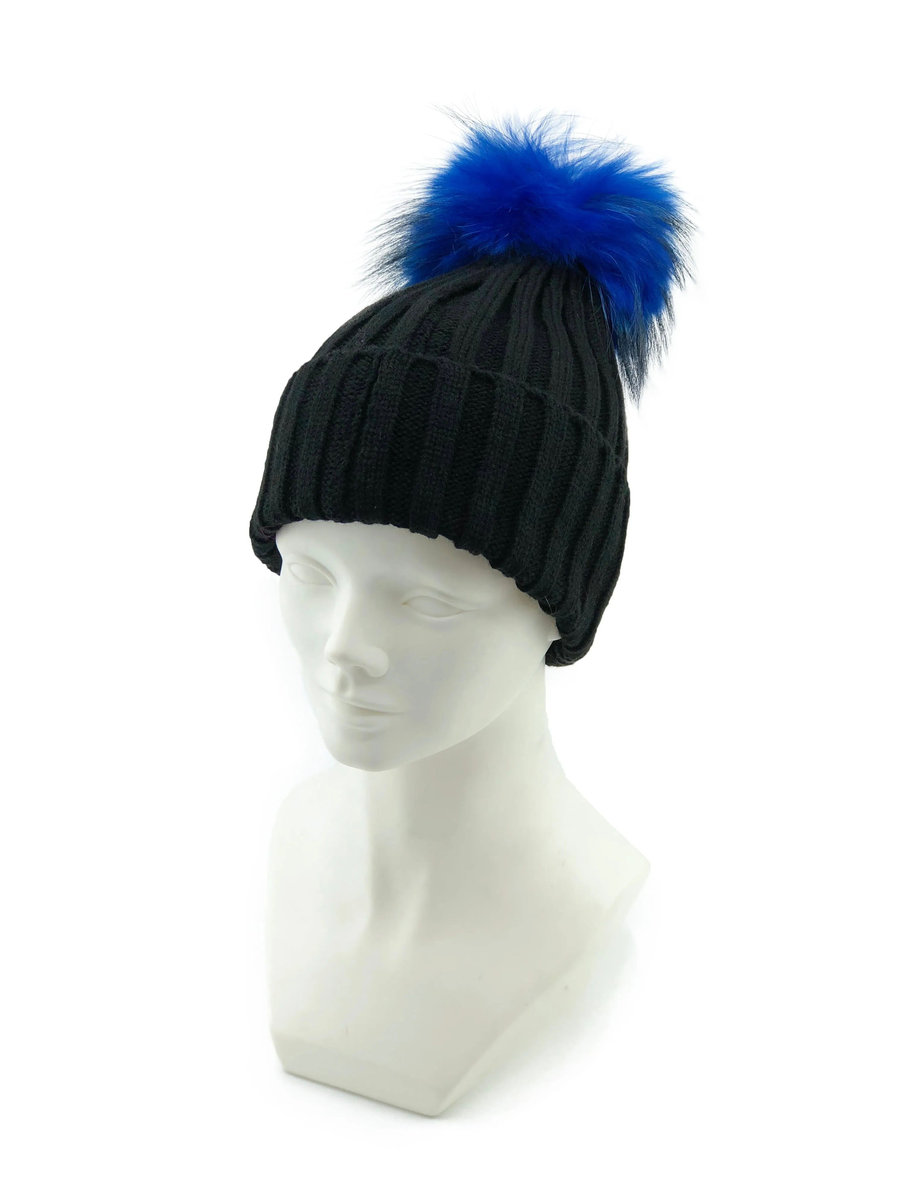 Knitted Beanie with Removable Dyed Fur Pom