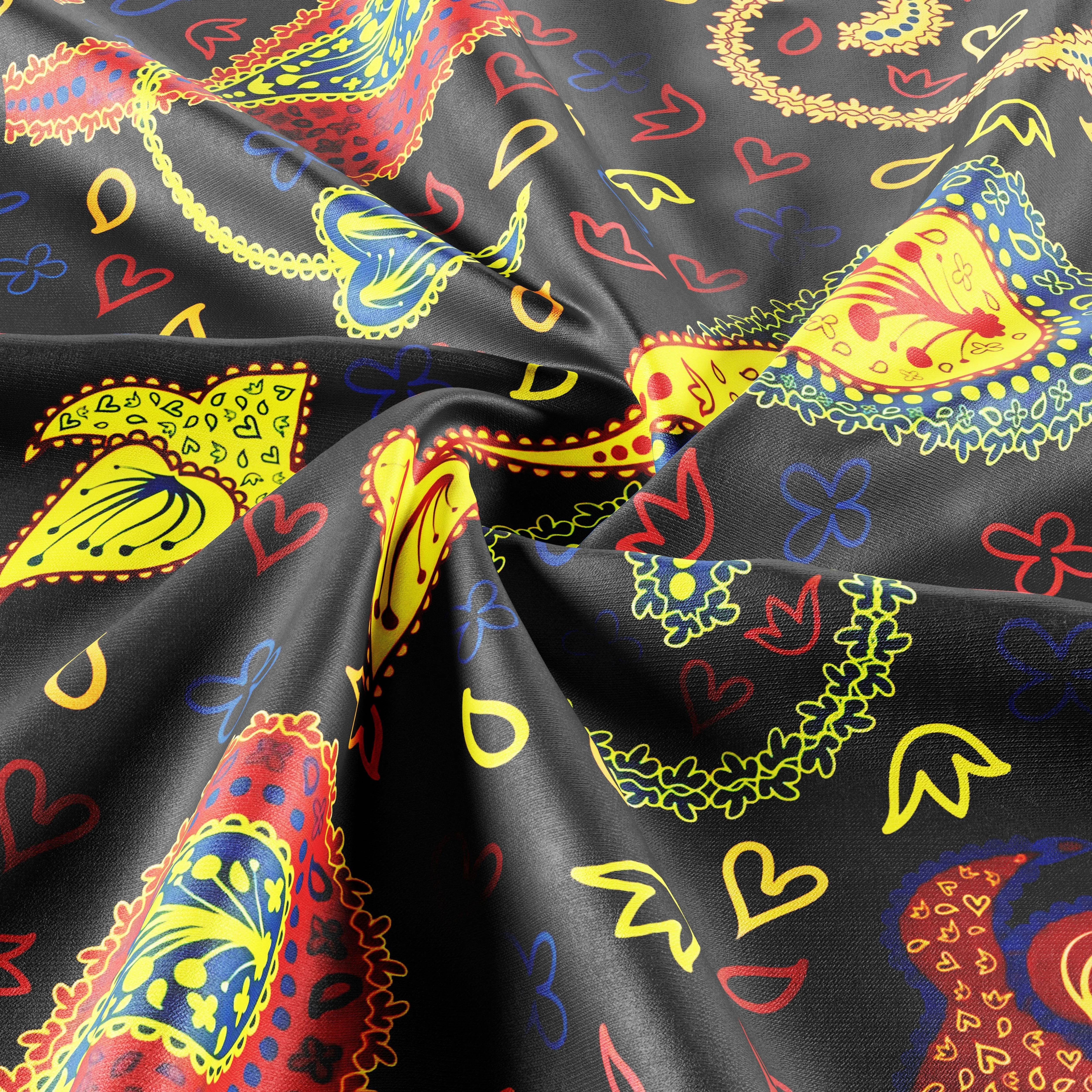 Modern and playful paisley print silk scarf - Vibrant Yellow, Red, and Black - Designer Original - Customizable Fabric and Size - Women's Scarf - Gift for Her