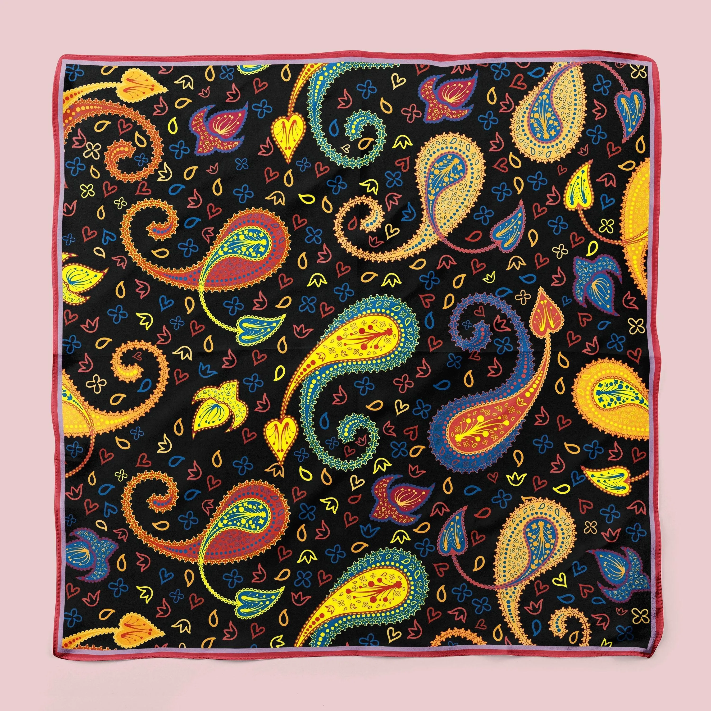 Modern and playful paisley print silk scarf - Vibrant Yellow, Red, and Black - Designer Original - Customizable Fabric and Size - Women's Scarf - Gift for Her