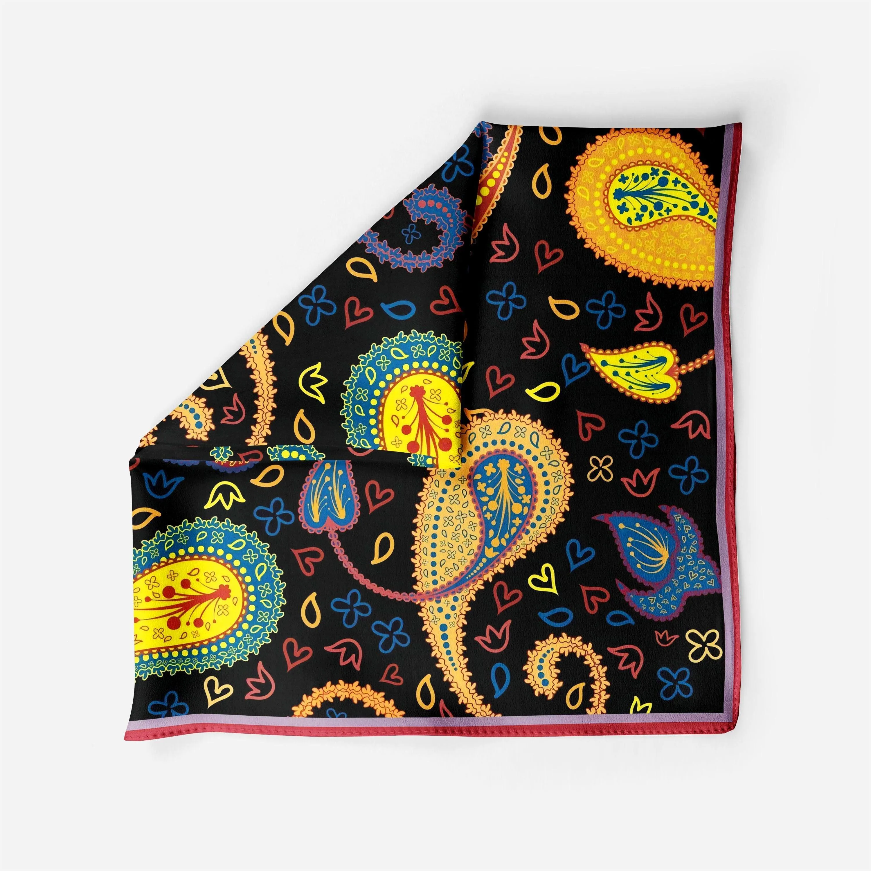 Modern and playful paisley print silk scarf - Vibrant Yellow, Red, and Black - Designer Original - Customizable Fabric and Size - Women's Scarf - Gift for Her