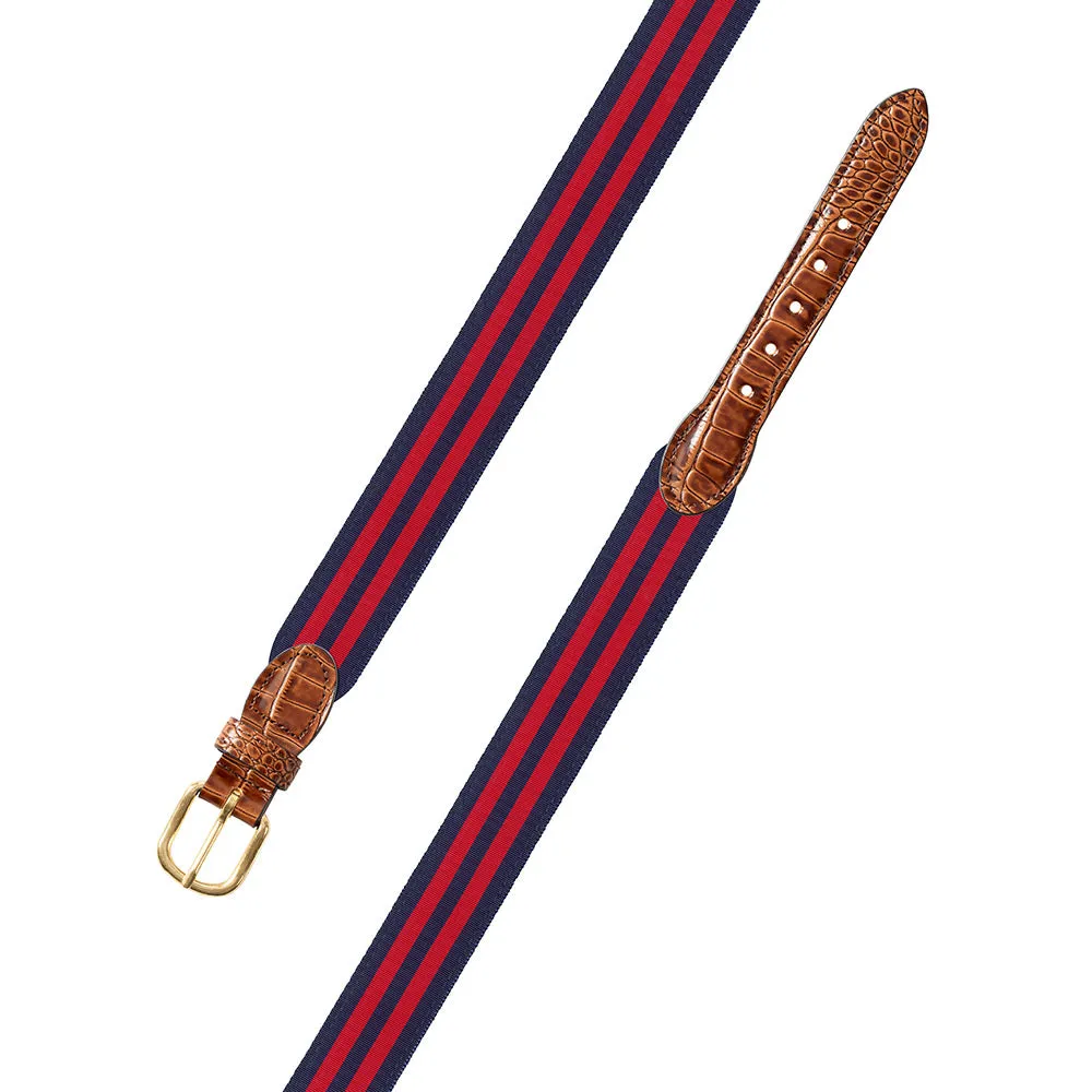 Navy & Red Grosgrain Ribbon Leather Tab Belt