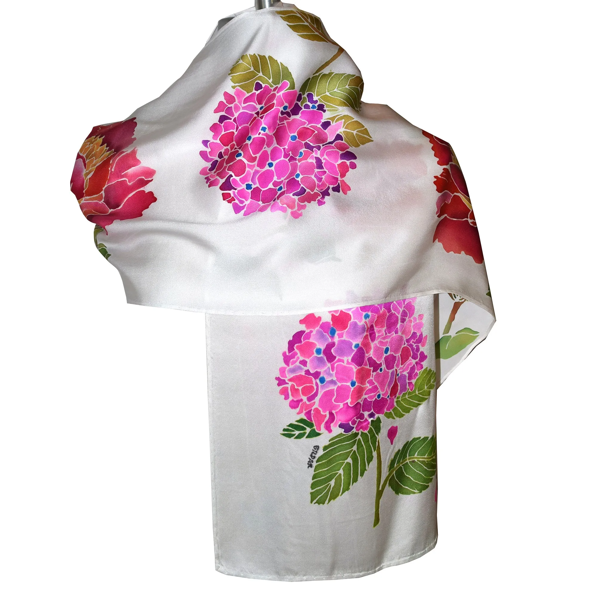 One of a Kind Handpainted Hydrangea and Peony Charmeuse Silk Scarf/Shawl