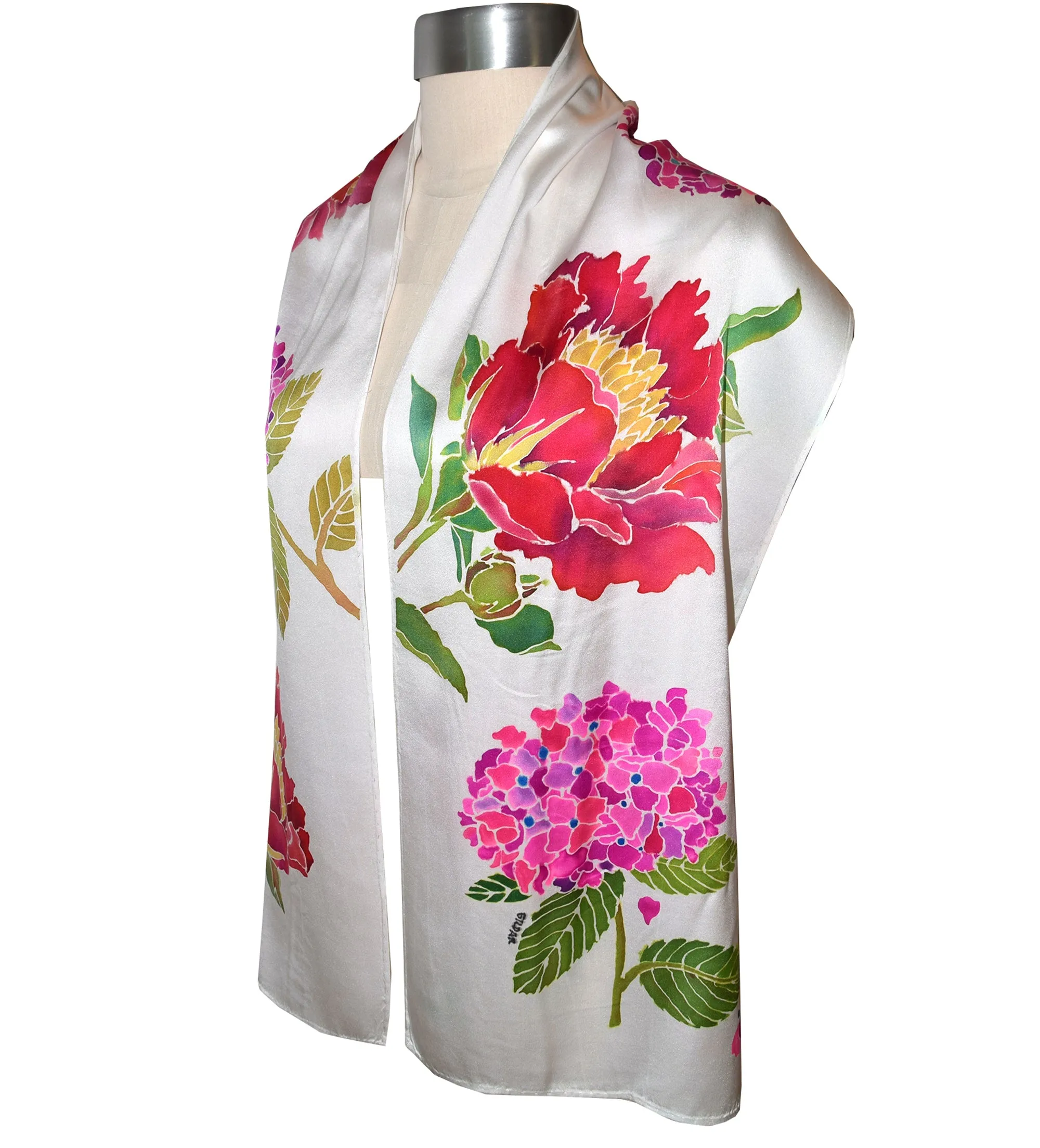 One of a Kind Handpainted Hydrangea and Peony Charmeuse Silk Scarf/Shawl