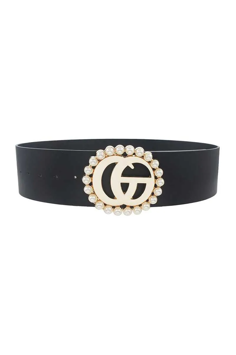 Pearl Trimmed Metal Buckle Wide Waist Belt