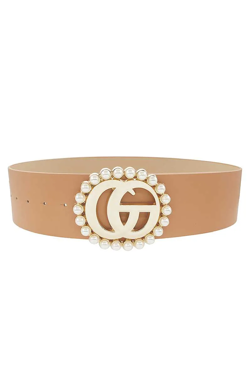 Pearl Trimmed Metal Buckle Wide Waist Belt