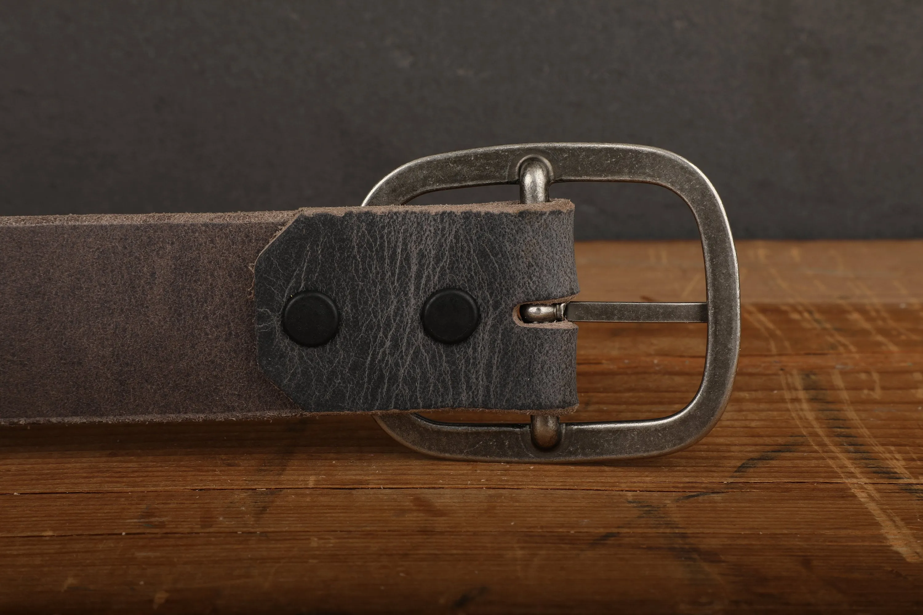 Steel Grey Leather Belt with Antique Brass Buckle - Handmade in USA - Gunmetal Water Buffalo Unisex Snap Belt