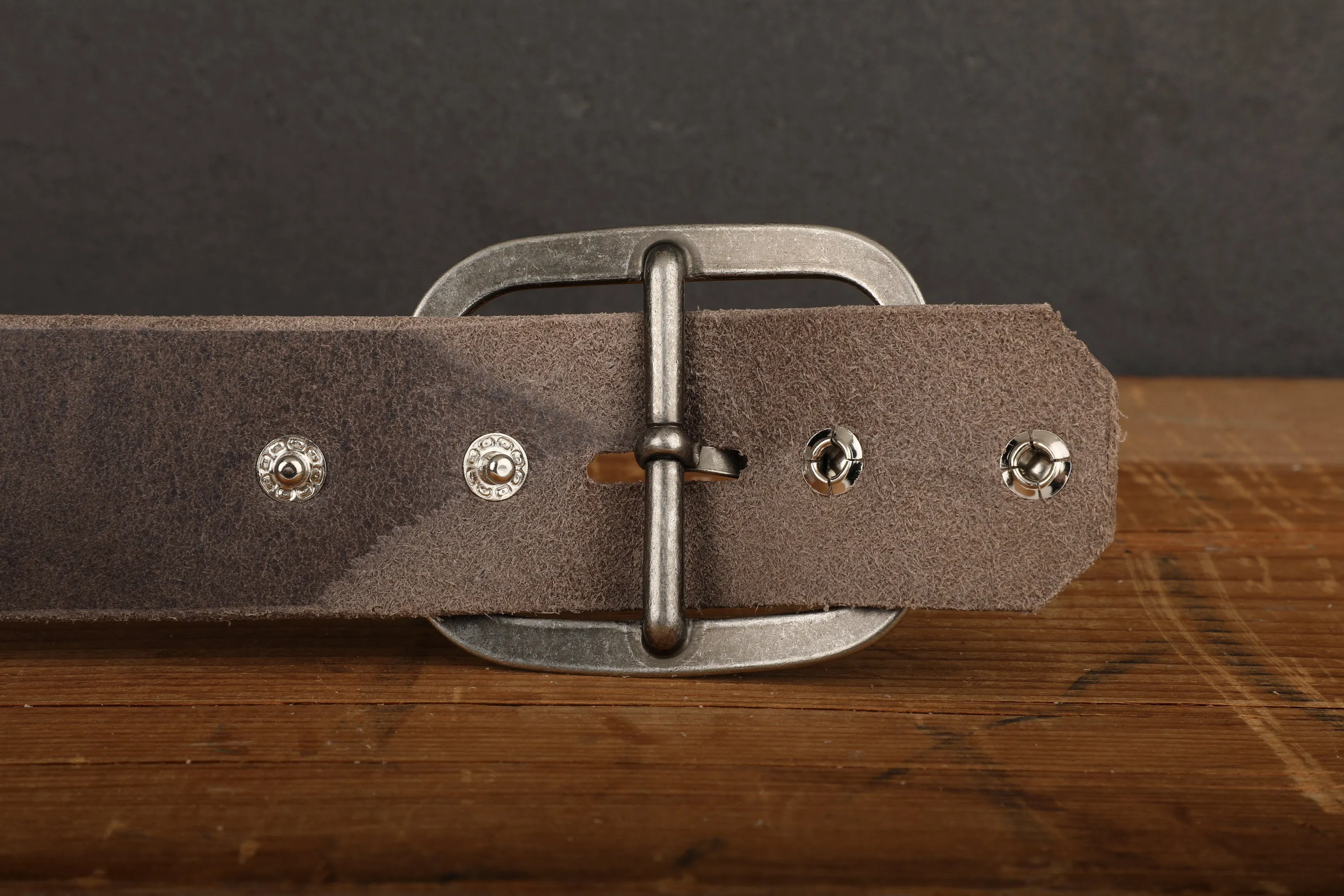 Steel Grey Leather Belt with Antique Brass Buckle - Handmade in USA - Gunmetal Water Buffalo Unisex Snap Belt