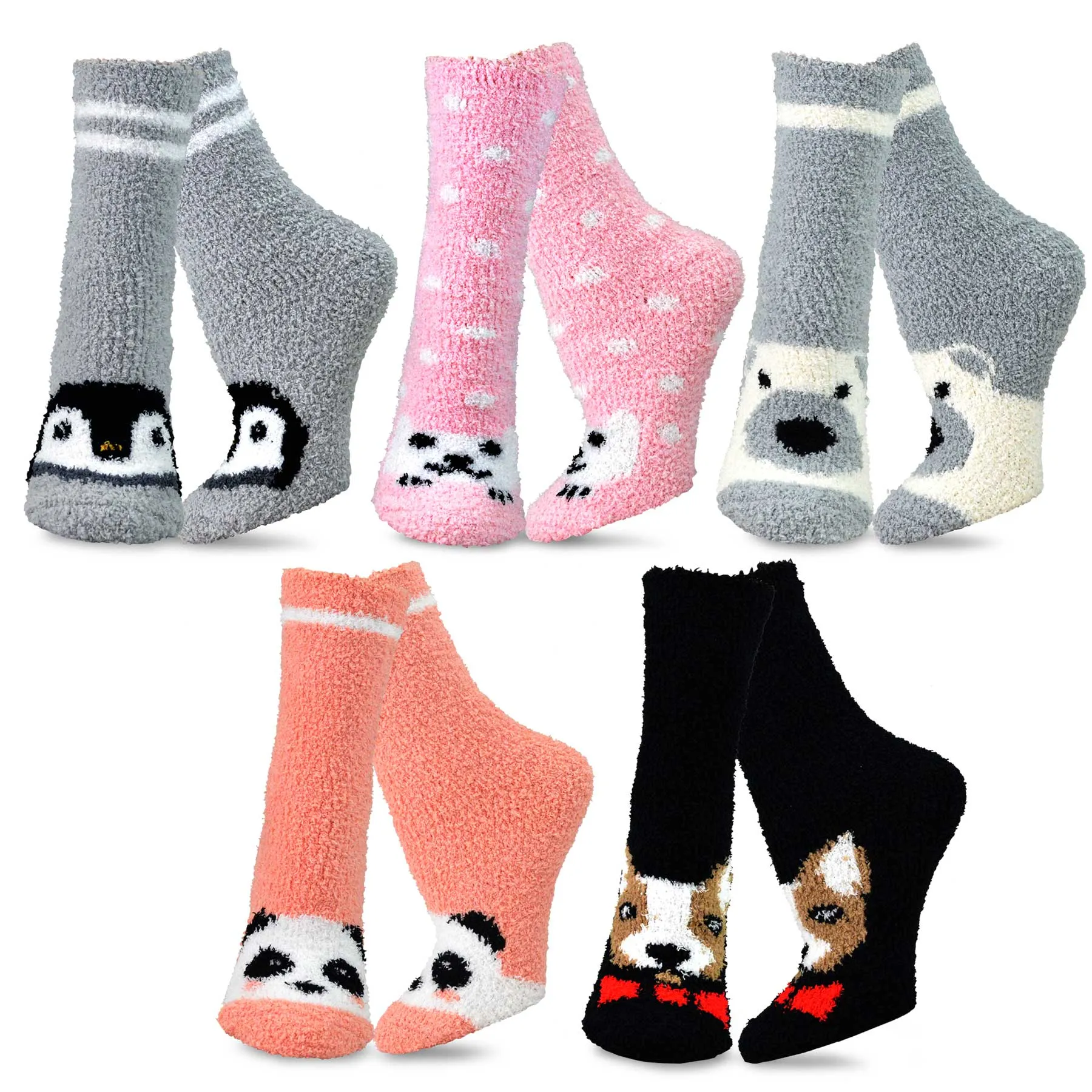 TeeHee Socks Women's Fuzzy Polyester Crew Animal 5-Pack (18003)