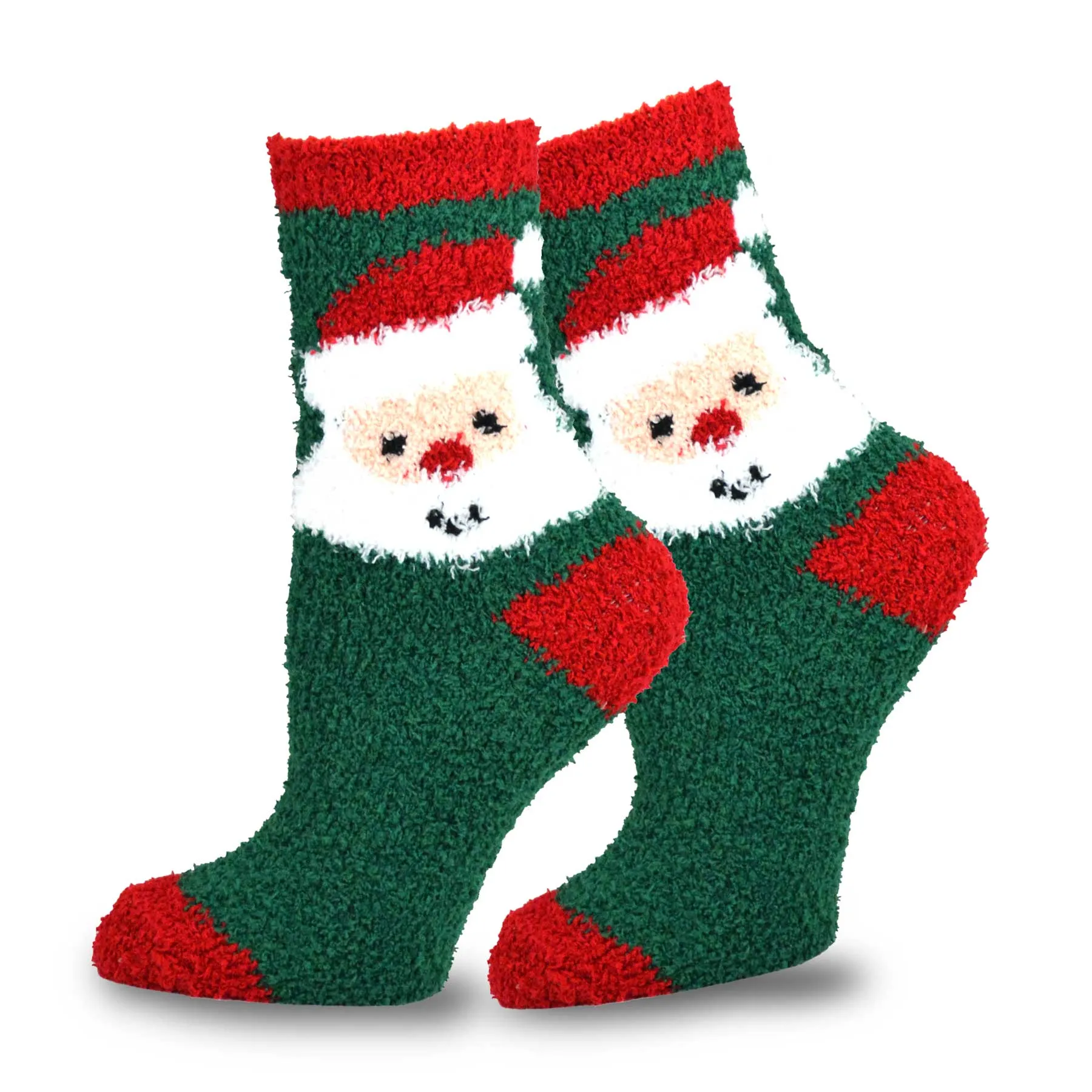 TeeHee Socks Women's Fuzzy Polyester Crew Santa and Stripe 3-Pack (11861)